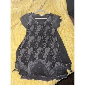 Pretty Angel Tunic Womens Small Gray Short Sleeve Lace Fringe Lagenlook New